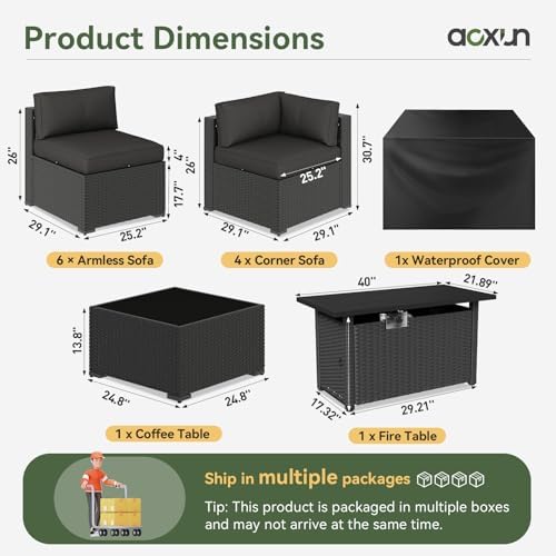 Aoxun 15 Piece Patio Furniture Set with 44” Fire Pit Table Wicker Patio Sectional Sofa Set Outdoor Seating Furniture with Thickened Cushion, Black