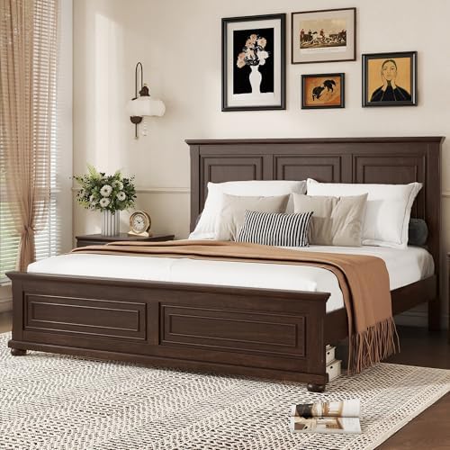Mirightone King Size Platform Bed with Tall Headboard & Footboard, Pinewood King Bed Frame with Wood Panel Bed Base, No Squeak, No Box Spring Needed, Traditional Style, Brown