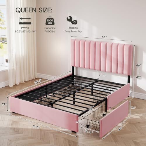 Welzona Queen Upholstered Bed Frame with Headboard & 4 Storage Drawer, Pink