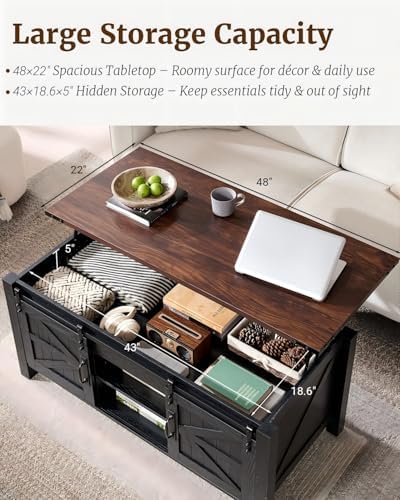 OKD 48" Farmhouse Lift Top Coffee Table, Sliding Barn Door,Black & Walnut