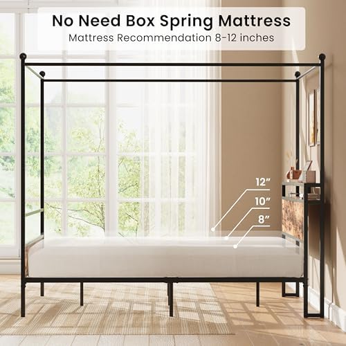 LIKIMIO Canopy Bed Frame Queen with Storage Headboard & Charging Station, Sturdy Metal Platform Bed with 4 Removable Posts, Dual Purpose Bed Frame, No Box Spring Needed, Noise Free