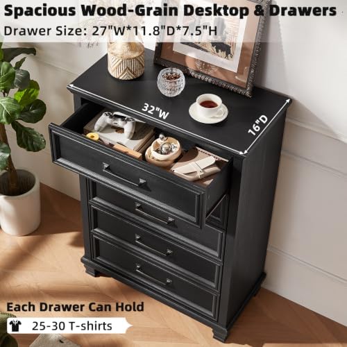 SAVOR LIFE Farmhouse 5 Drawer Dresser for Bedroom, Black