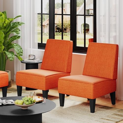 Armless Accent Chairs Set of 2, Orange Linen Slipper Chairs