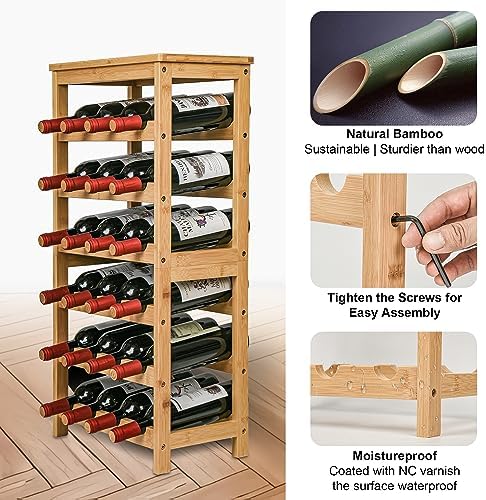 VASMIA Wine Rack Free Standing Floor, 6-Tier Display Wine Storage Shelves with Table Top, 24-Bottle Bamboo Wine Rack Shelf for Kitchen Bar Dining Room Living Room, Natural