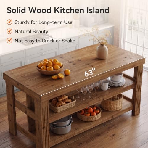 63" Solid Wood Kitchen Island with Storage and Seating, 3-Tier