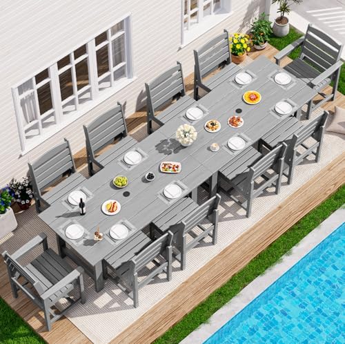 SERWALL HDPE Outdoor Furniture, Outdoor Dining Set for 10, Light Gray