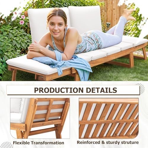 Devoko Outdoor Couch Acacia Wood Outdoor Sofa Balcony Furniture (White)