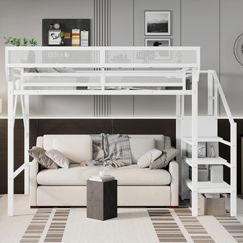 KEIKI Twin XL Size Metal Loft Bed Frame with Convertible Staircase, Built-in Storage Shelves & Wardrobe, Loft Bed with Solid Slat & Guardrail, No Box Spring Required, Easy Assembly, for Bedroom, White