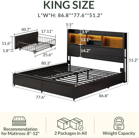 LARMACE King Size Bed Frame with 6 Storage Drawers and Headboard Wooden Platform Bed Frame with LED Lights and Charging Station Easy Assembly/No Box Spring Needed/Black