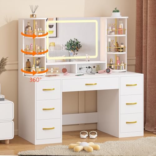 CSZZD White Vanity Desk with 360° Rotating Organizer & Charging Station | Large Makeup Vanity with LED Lighted Mirror and 6 Storage Drawers, Bedroom Vanity Table for Women Girls