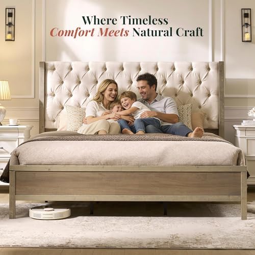Jocisland Queen Size Solid Wood Bed Frame,57" Wingback Headboard,Gray Wash