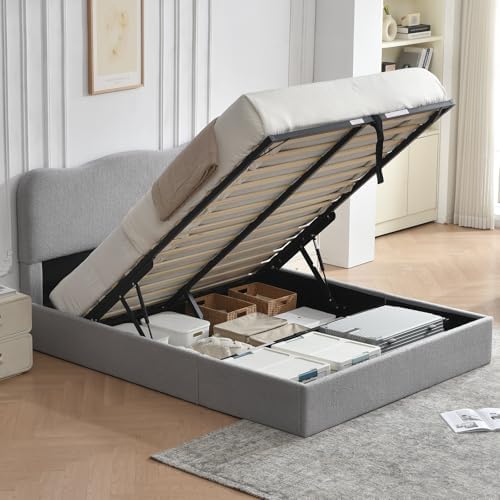 VELOCAVA Queen Size Lift-Up Storage Bed, Upholstered Boucle Bed with Curved Headboard, Rounded Corners, Sturdy Wooden Slat Support, No Box Spring Needed, Easy Assembly, Light Gray