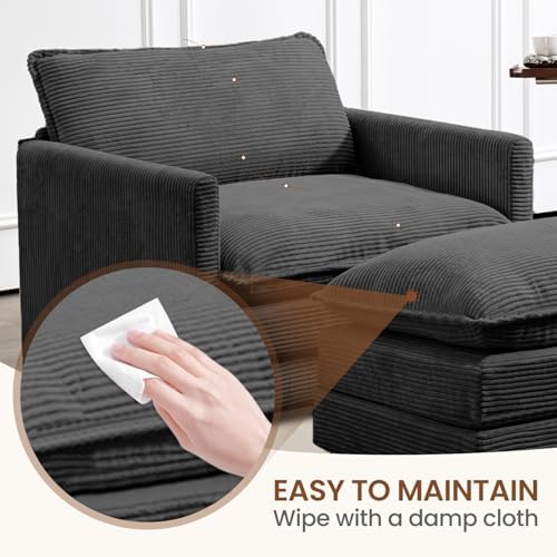 ROWHY 41'' Single Armchair with Ottoman, Modern Corduroy Cloud Couch with Convertible Chaise, Upholstered Sofa Set for Living Room, Dark Grey