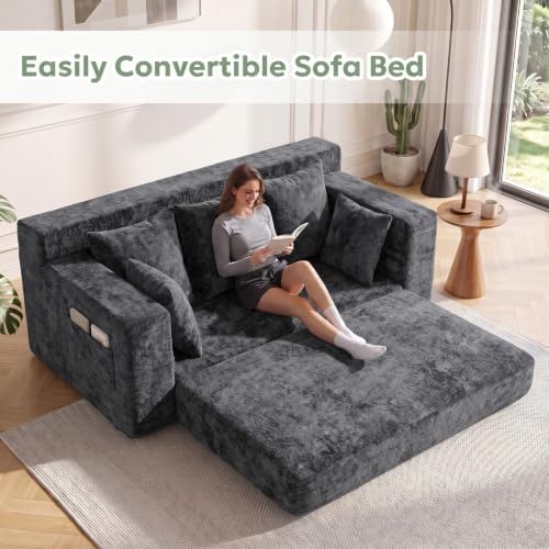 3 Seater Boneless Couch for Living Room, Convertible Sofa Bed in A Box, Folding Pull Out Couch with Comfy Corduroy, Loveseat Sleeper Floor Sofa with 5 Pillows, Velvet Fabric, Grey