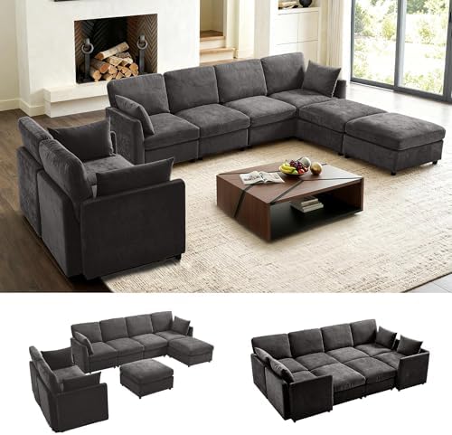 Iroomy Modular Sectional Couch for Living Room, Spring Cushion Seating, Modern Convertible Cloud Sofa with Ottoman, Black