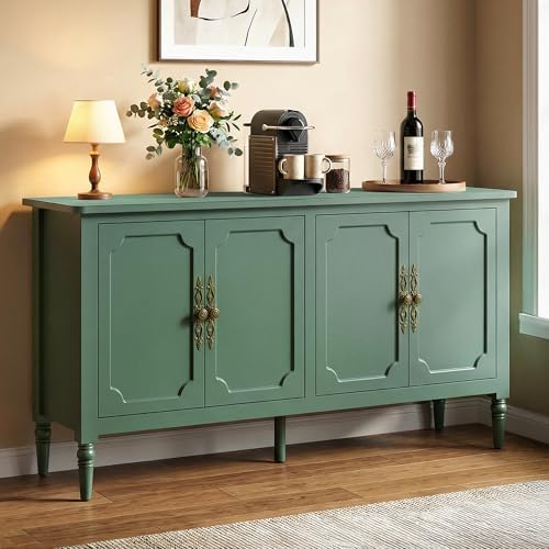 RoyalCraft Buffet Cabinet with Storage, 59" Vintage Sideboard with Adjustable Shelves, Mid Century Modern Painted Credenza Coffee Bar for Kitchen, Dining Room, Entryway, Living Room, Forest Green