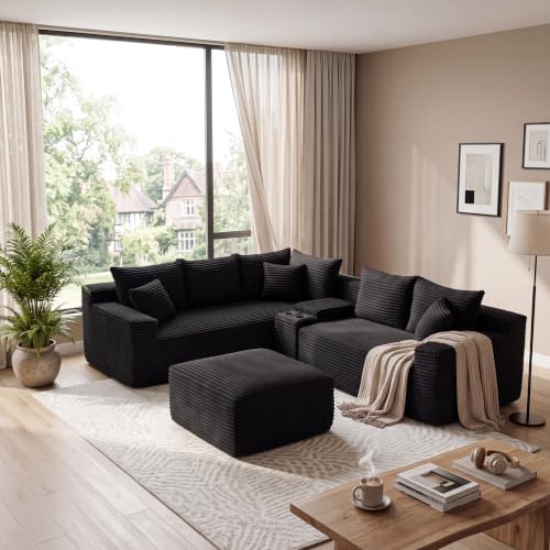 106-Inch Oversized L-Shaped Corner Cloud Couch Modular Cloud Sectional Couch W/Console & Ottoman, Compression Boneless Corner Sofa Plush Corduroy Sectional Sofa for Living Room