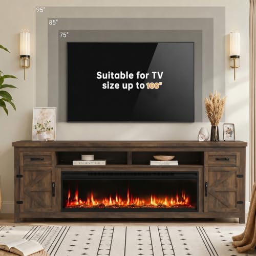 Fireplace TV Stand with Barn Door, 95 inch, Walnut
