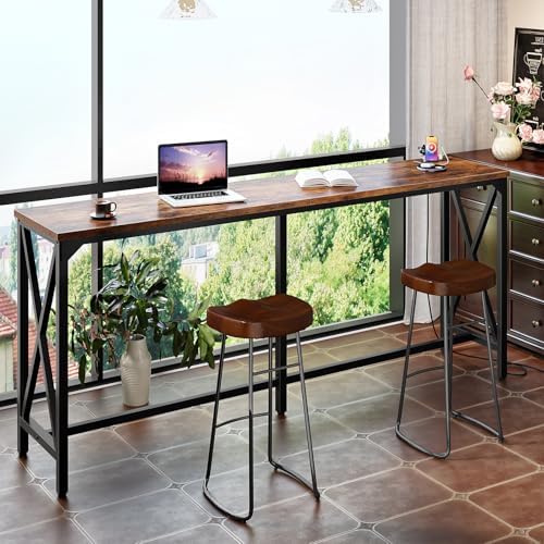 CHOEZON 70.9'' Bar Table, Kitchen Dining Table with Power Outlet and Footrest, Industrial Style, for Pub, Living Room, Rustic Brown and Black TBT08UBF