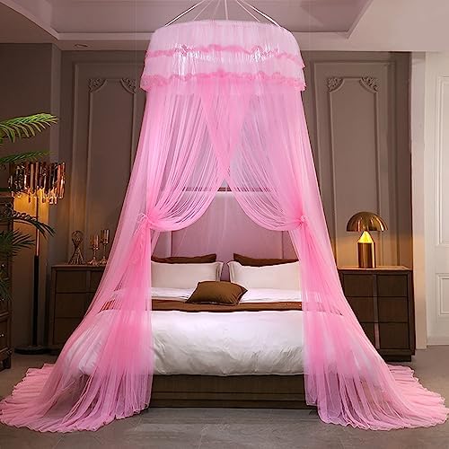Kertnic Mosquito Net Bed Canopy for Girls, Princess Canopy Bed Curtain Fine Sheer Mesh Dome Bed Canopies, Girls & Adults Lace Tent for Twin Full Queen King Bed (Pink)