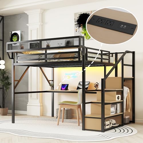 KEIKI Queen Size Metal Loft Bed Frame with Desk, Staircase, Built-in Storage Shelves and Wardrobe, Modern Loft Bed with Solid Slat, Guardrail, No Box Spring Required, Easy Assembly, for Bedroom, Black