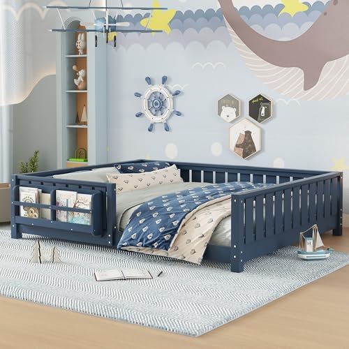 Bellemave Queen Size Floor Bed with Slats and Safety Guardrail, Queen Size Montessori Floor Bed with Fence and Built-in Bookshelf, Easy Assemble Montessori Beds for Girls, Boys, Blue