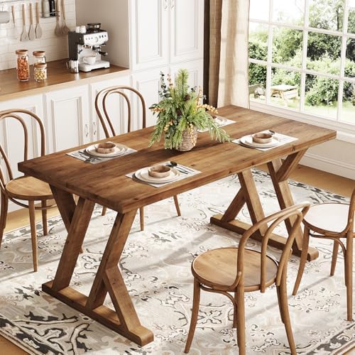 Solid Wood Dining Table for 4-6 People, 63 Inches Wooden Farmhouse Rectangular Kitchen Dinner Table with Heavy-Duty Legs for Home, Living Room, Dining Room, Rustic Brown