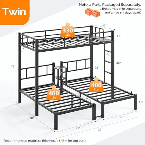 FCH Metal Triple Bunk Bed Twin Over Twin Over Twin,3 Bunk Beds with Shelves for Kids,Teens and Adults, Detachable 3 Person Bed, No Box Spring Needed,Black