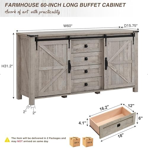 T4TREAM 60" Wide Farmhouse Sideboard Buffet Cabinet, Light Rustic Oak