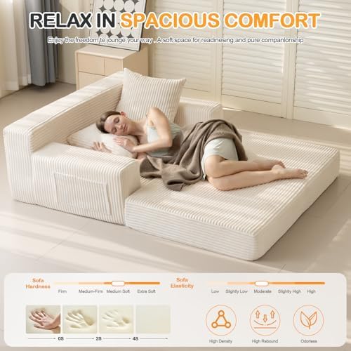 Erament Convertible Sofa Bed, Loveseat Folding Floor Futon Sleeper Sofa Couch Bed- Boneless Foldable Couch, Corduroy Pull Out Sofa Bed with 2 Pillows for Living Room & Bedroom