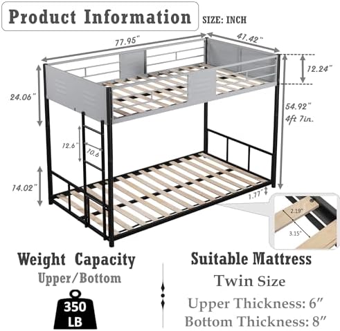 PVWIIK Twin Over Twin Bunk Bed with Vent Board & Noise Reduced Design,Metal Bunk Bed for Dorm,Bedroom,Guest Room,Easy to Assemble,Space Saving, Black