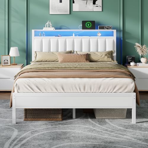 Furnulem White Queen Bed Frame with PU Upholstered Headboard & LED Lights