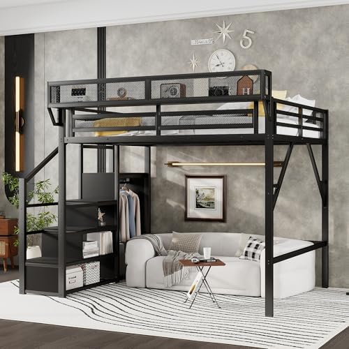 KEIKI Queen Size Metal Loft Bed Frame with Convertible Staircase, Built-in Storage Shelves and Wardrobe, Loft Bed with Solid Slats, Guardrail, No Box Spring Required, Easy Assembly, for Bedroom, Black