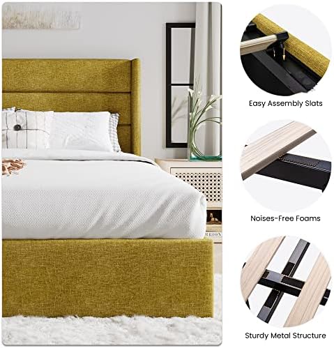 SHA CERLIN Queen Size Lift Up Hydraulic Storage Bed Frame Olive Yellow