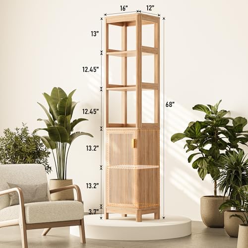 INNOD 68'' Tall Narrow Storage Cabinet with Adjustable Shelf and Door, Bathroom Storage Cabinet, Space Saver for Bathroom, Kitchen, Living Room, Natural Oak