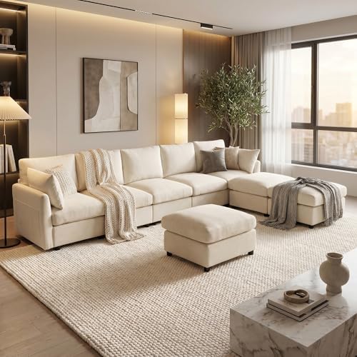 Iroomy Modular Sectional Couch for Living Room, Spring Cushion Seating, Modern Convertible Cloud Sofa with Ottoman, Beige