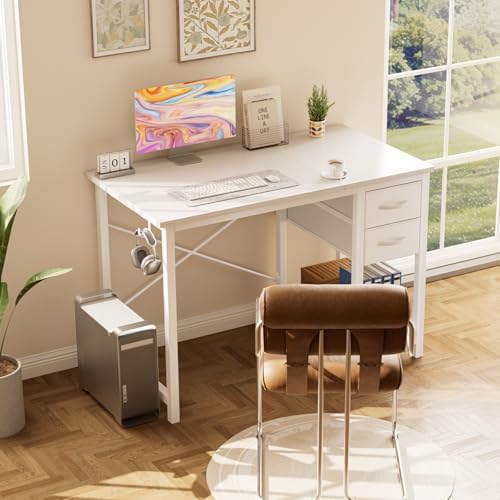 Sweetcrispy 40-Inch Computer Desk with Drawers, Office Desk, White