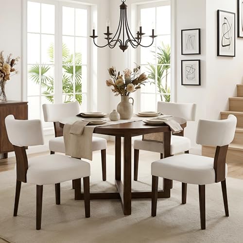 HNY Set of 4 Mid Century Modern Dining Chairs, Farmhouse Velvet Upholstered Accent Chair Curved Backrest Kitchen Chairs, with Hardwood Frame, Cream, Velvet-beige