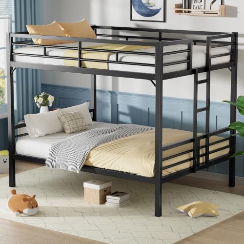 PVWIIK Queen Over Queen Bunk Bed with Guardrails,Black