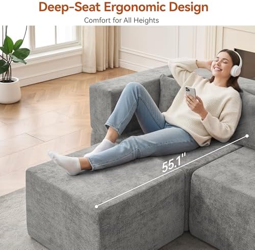 MONVANE Modular Sectional Sofa, Oversized 10 Seat Convertible U Shaped Couch with Ottoman, Comfy Chenille Deep Seat Cloud Couch, Sectional Couches for Living Room, No Assembly Required, Light Grey