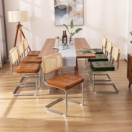 Zesthouse Natural Rattan Dining Chairs Set of 4, Mid Century Modern Dining Room Chairs with Chrome Leg, Faux Leather Kitchen Chair with Solid Wood Back & Cane Mesh, Breuer Cesca Design Inspired, Brown