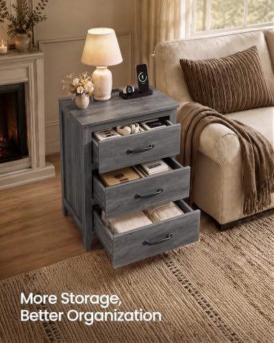 VASAGLE Farmhouse Nightstand with Charging Station, 3 Drawers