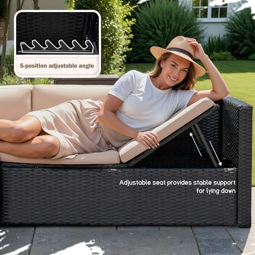 Greesum 3 Piece Patio Furniture Set Outdoor Wicker Rattan Sectional Sofa with Adjustable Seat, Soft Cushions & Coffee Table for Yard, Garden, Porch, Poolside, Beige