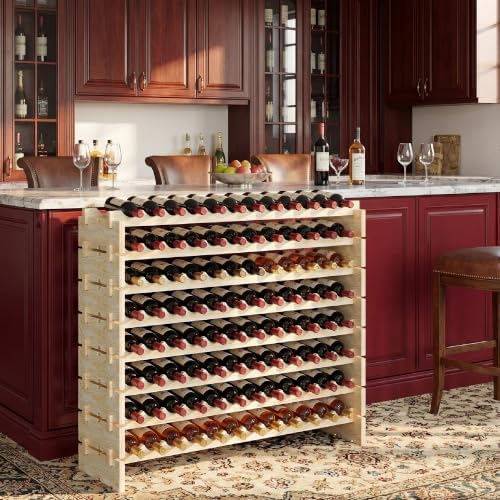 96 Bottles Stackable Modular Wine Rack, 8-Tier Wooden Wine Storage Rack Freestanding Wine Holder Display Shelves, Wobble-Free Shelves, Solid Wood