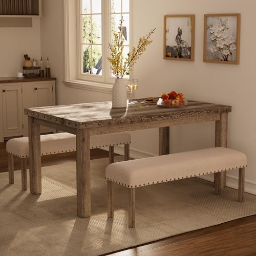 Morden Fort Farmhouse Dining Table Set for 4, 3-Piece Kitchen Table and Chairs Set with 2 Benches, 60" Rectangular Dining Table, Space-Saving Dining Set for Kitchen, Dining Room, Apartment