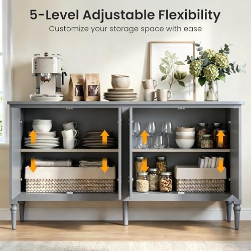 RoyalCraft Buffet Cabinet with Storage, 59" Vintage Sideboard with Adjustable Shelves, Mid Century Modern Painted Credenza Coffee Bar for Kitchen, Dining Room, Entryway, Living Room, Dove Gray