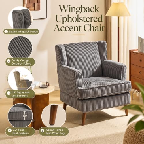 VINGLI 26" Wingback Accent Chair, Corduroy Armchair for Bedroom Living Room