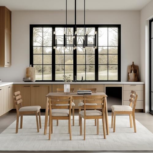 Dining Table Set for 6, Wooden Farmhouse Table, 6 Upholstered Chairs