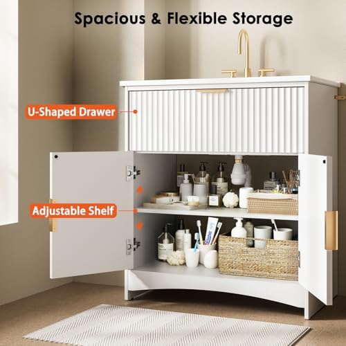 Amada 30 inch Bathroom Vanity with Ceramic Sink and Storage, White | Modern fluted style, U-shaped drawer, adjustable U-shaped shelf, CARB-certified, pre-drilled faucet holes and drain hole