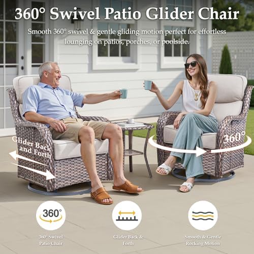 Luxury Wicker Patio Furniture Set-High Back Outdoor Swivel Chairs Set of 2 with 6" Thick Cushions Wide Armrest All Weather Patio Conversation Sets for Deck Porch Balcony(Grey/Beige)